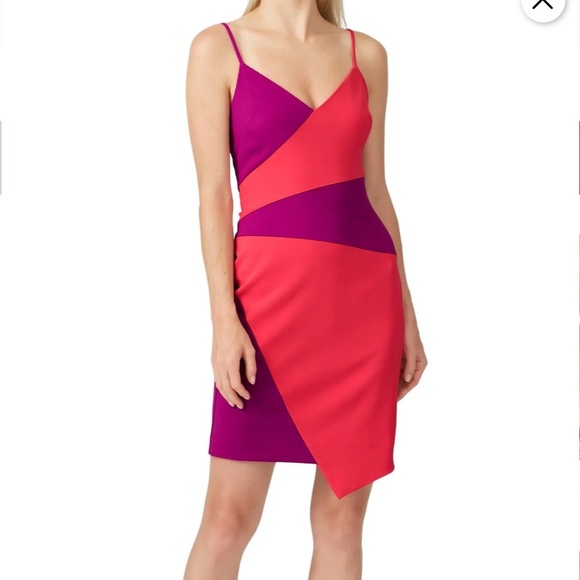 Nicole Miller Collection Colorblock Asymmetric Dress Pink Purple Mini Sz 2 - Picture 1 of 12